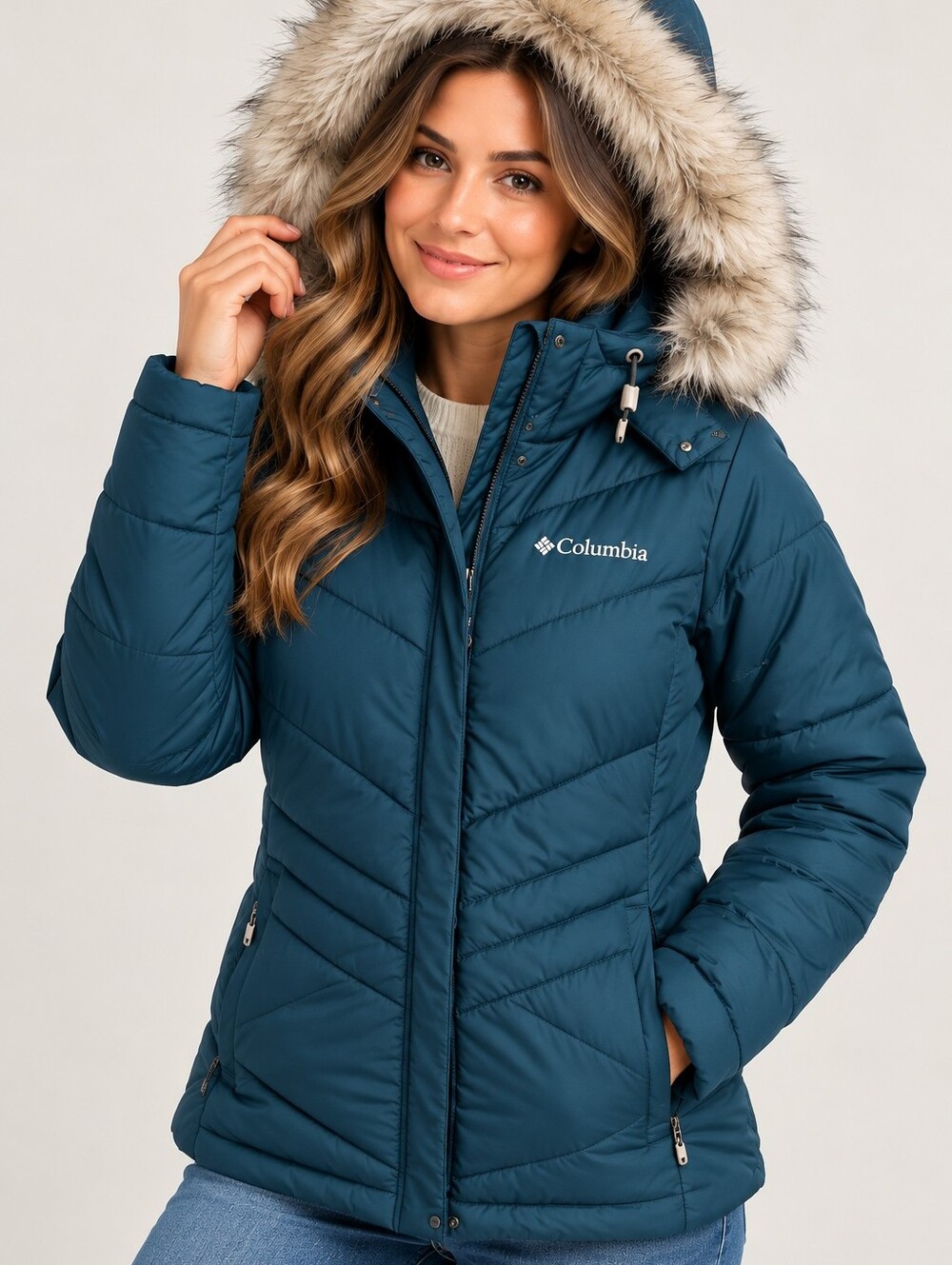 Columbia Women’s Small Teal Blue Puffer Jacket Faux Fur Hood Winter Coat